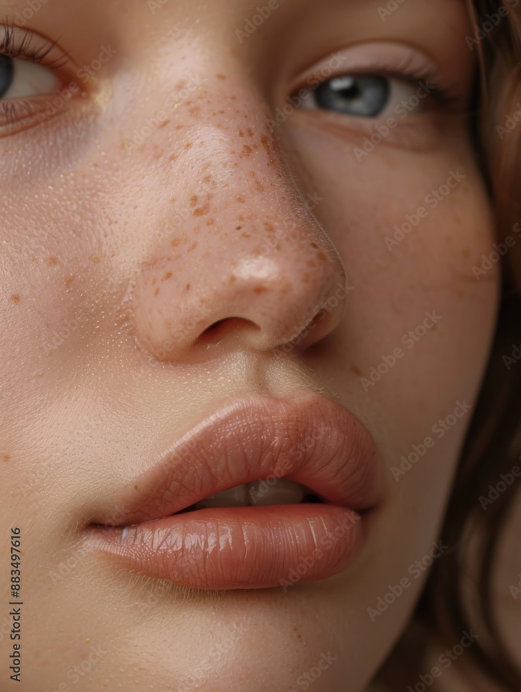 Naklejka premium A close-up portrait of the model's face, focusing on her lips and nose with soft lighting to highlight their natural beauty
