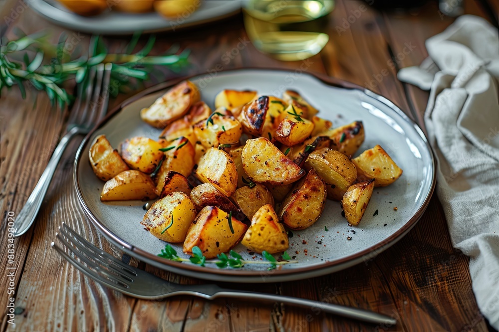 Crispy Fried Potatoes on a Plate With a Fork on a Wooden Table Crispy Fried Potatoes on a Plate With a Fork on a Wooden Table