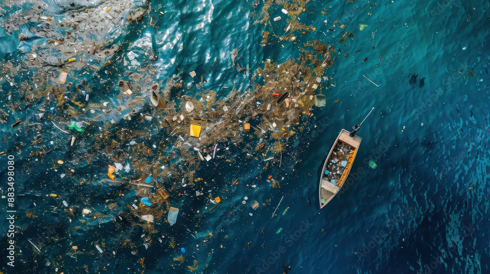 Fototapeta premium Plastic trash is polluting the Indian Ocean, and an aerial view shows the extent of the problem.