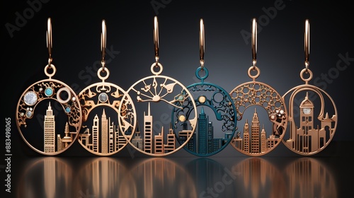 Six pairs of earrings, each a circular design with a detailed cityscape in the middle.

 photo