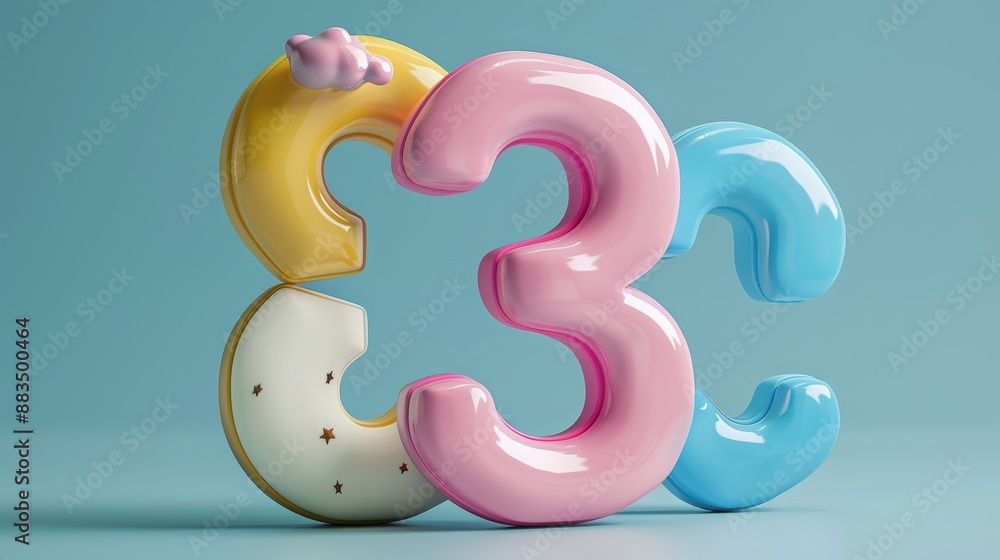 A cute colourful number 3 in a plain background A cute colourful number 3 in a plain background