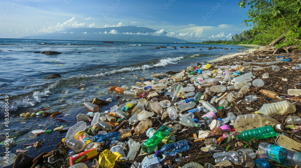 The Indian Ocean near Bali is filled with plastic waste. Trash, like bottles and bags, floats in large piles. This pollution harms the ocean and its creatures. The Indian Ocean near Bali is filled with plastic waste. Trash, like bottles and bags, floats in large piles. This pollution harms the ocean and its creatures.