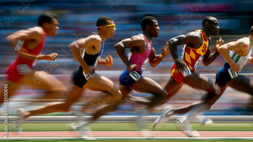 A group of sprinters racing in a 100 meter photo