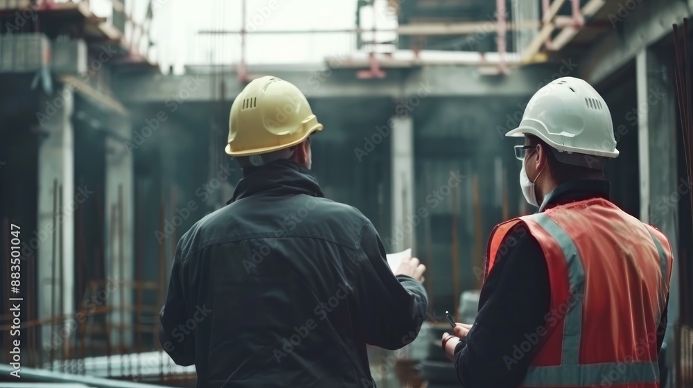 Construction workers discussing project details Professional construction team meeting for project development Construction workers discussing project details Professional construction team meeting for project development
