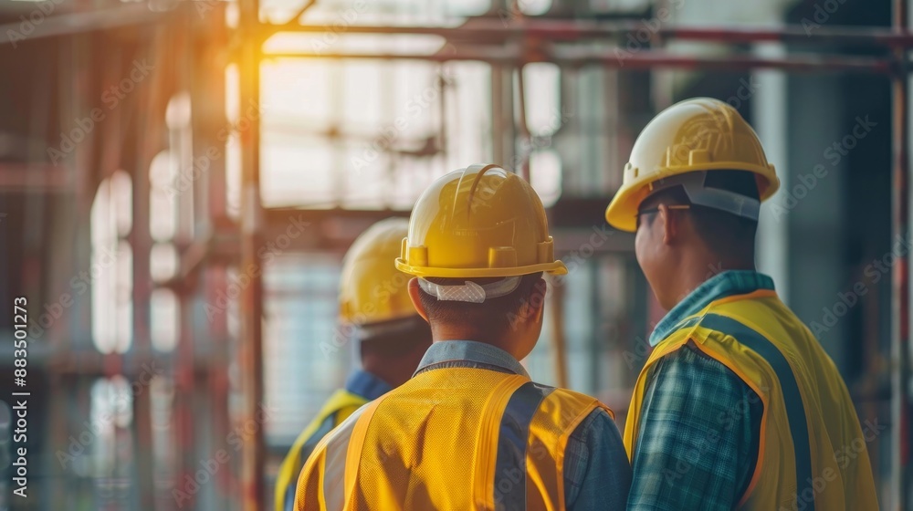Construction workers discussing project details Professional construction team meeting for project development Construction workers discussing project details Professional construction team meeting for project development