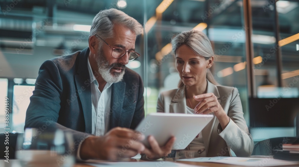 Diverse team of partners including a mature Latin businessman and a European businesswoman discussing a project on a tablet while sitting at a table in the office Two professional Diverse team of partners including a mature Latin businessman and a European businesswoman discussing a project on a tablet while sitting at a table in the office Two professional