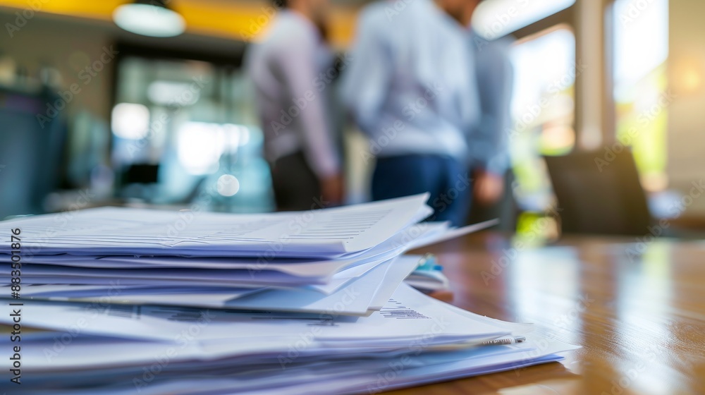 Documents on an office table with three men talking in the background Documents on an office table with three men talking in the background