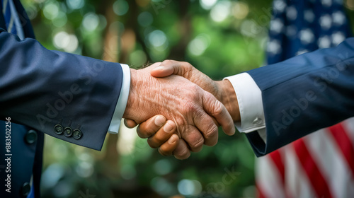 A photo of a handshake between two political rivals, symbolizing compromise and bipartisanship photo