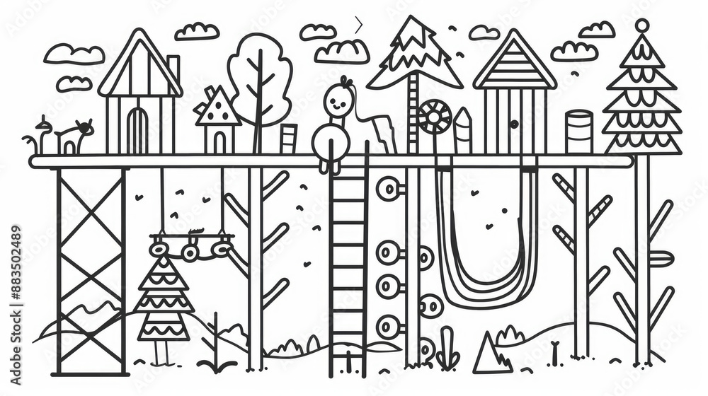 Fototapeta premium Treetop obstacle course icons. Simple line drawings. Suitable for adults. Outdoor activity in the forest.