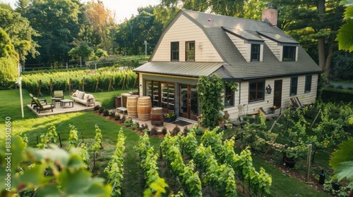 suburban farmhouse with a small vineyard in the back, a wine tasting room, and a collection of fine wines