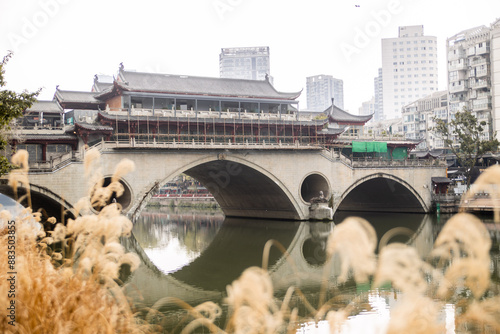 looking through grass towards the Anshun bridge with reflection on the river in downtown chengdu china