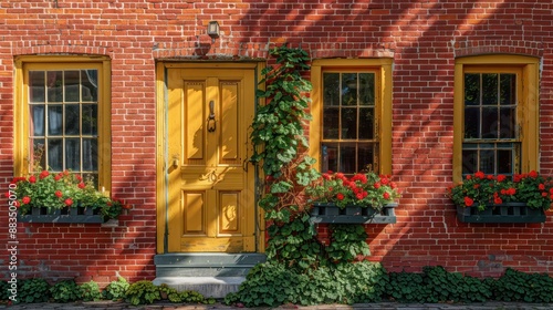 classic red brick farmhouse with ivy crawling up the walls, featuring a bright yellow front door and matching window boxes filled with geraniums © Abdul