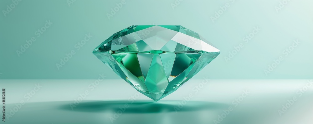 Floating emerald green diamond-shaped glass gem with crisp facets in minimalist setting Floating emerald green diamond-shaped glass gem with crisp facets in minimalist setting