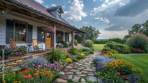 Real estate focusing a cozy Cottage with a flowerfilled garden a stone pathway and a wooden porch with rocking chairs in a rural setting photo