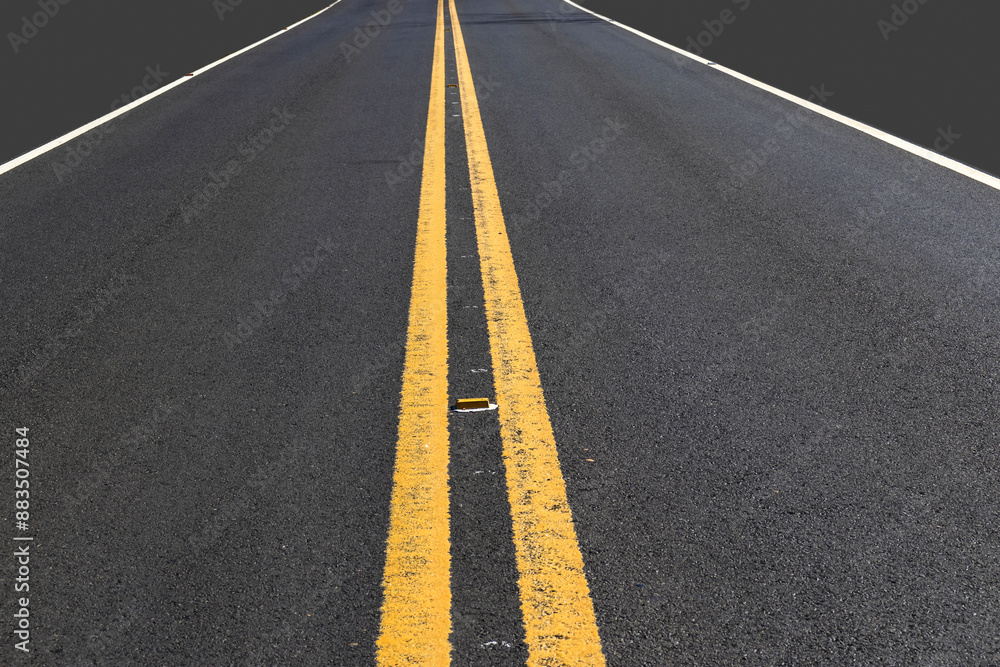 gray mockup and asphalt roadway with two yellow lines and markers painted on the ground, in Brazil