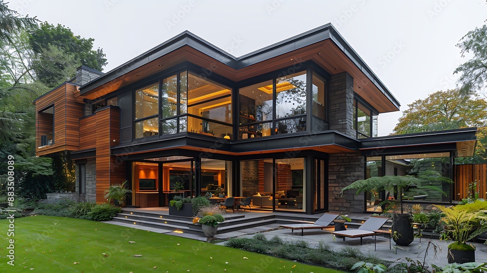Real estate highlighting Modern House with sleek architectural lines large windows and a landscaped garden in a suburban area Real estate highlighting Modern House with sleek architectural lines large windows and a landscaped garden in a suburban area