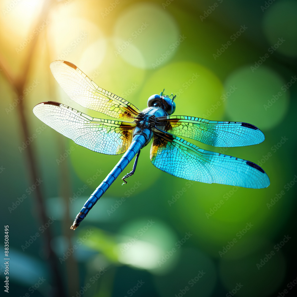 A dragonfly on a twig, shimmering wings in sunlight, with a soft green and brown background. A dragonfly on a twig, shimmering wings in sunlight, with a soft green and brown background.