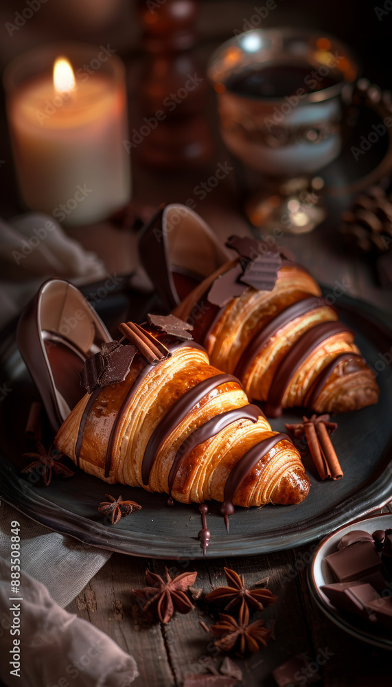 Chocolate croissants in the shape of high heels shoes Chocolate croissants in the shape of high heels shoes
