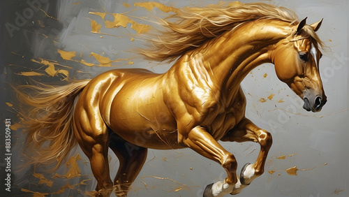 Golden horse in dynamic motion painting photo