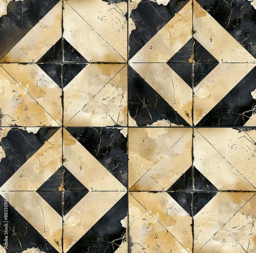 Worn Black and White Diamond Tile Floor