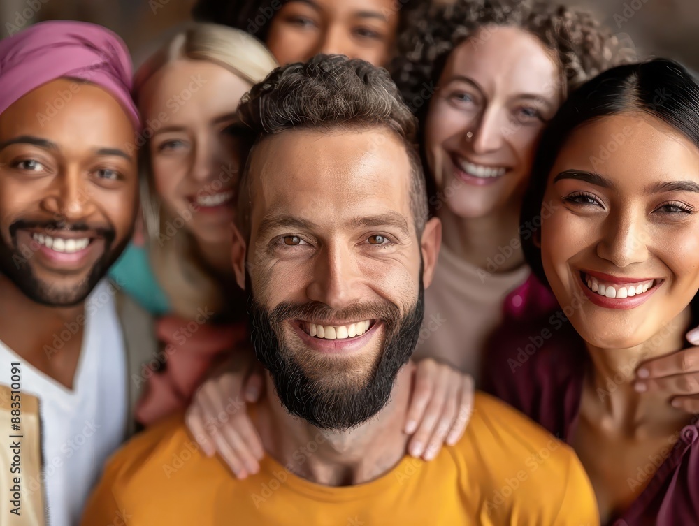 Obraz premium Diverse group of people embracing, showcasing inclusion and body positivity in a colorful, urban setting, spreading joy