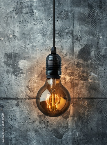 A Single Vintage Light Bulb Hanging Against a Gray Concrete Wall