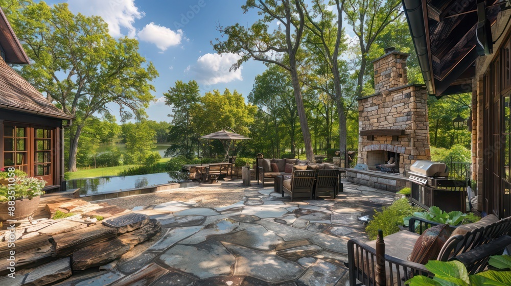 rustic suburban farmhouse with a large stone patio, featuring an outdoor fireplace and a view of the surrounding wooded area rustic suburban farmhouse with a large stone patio, featuring an outdoor fireplace and a view of the surrounding wooded area