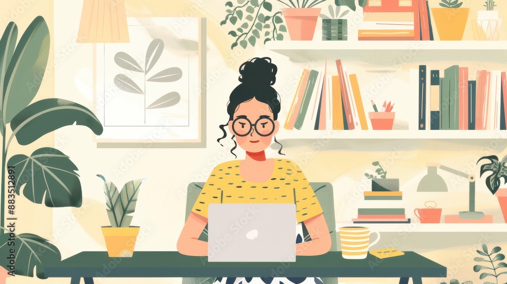 A woman working from home sitting at a desk with a laptop and a cup of coffee. Her environment is cozy and well-lit, with potted plants and books on shelves. Perfect for content related to remote work A woman working from home sitting at a desk with a laptop and a cup of coffee. Her environment is cozy and well-lit, with potted plants and books on shelves. Perfect for content related to remote work
