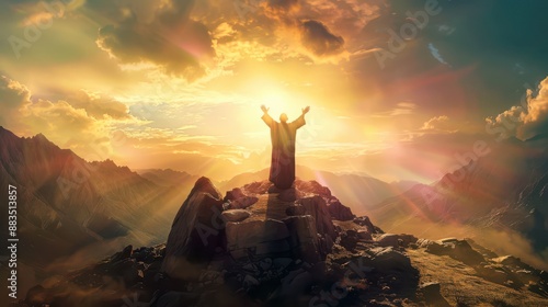 Abraham standing on a hill, raising his hands towards the sky, surrounded by light, overlooking the promised land. Perfect for illustrating God's promise that all nations 