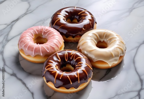 Colorful glazed donuts with a swirled pattern on a marble surface, three chocalates