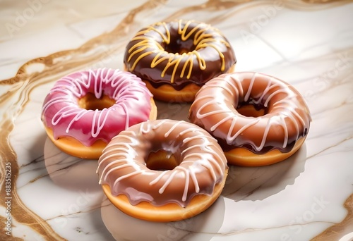 Colorful glazed donuts with a swirled pattern on a marble surface