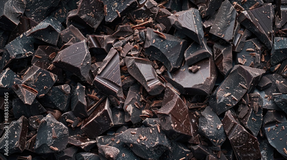 A close-up shot of dark chocolate pieces piled high, perfect for showcasing in a display case or using as a prop for food photography A close-up shot of dark chocolate pieces piled high, perfect for showcasing in a display case or using as a prop for food photography