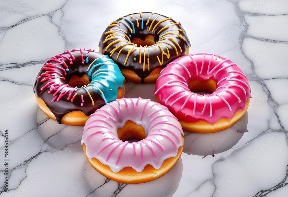 Colorful glazed donuts with a swirled pattern on a marble surface Colorful glazed donuts with a swirled pattern on a marble surface