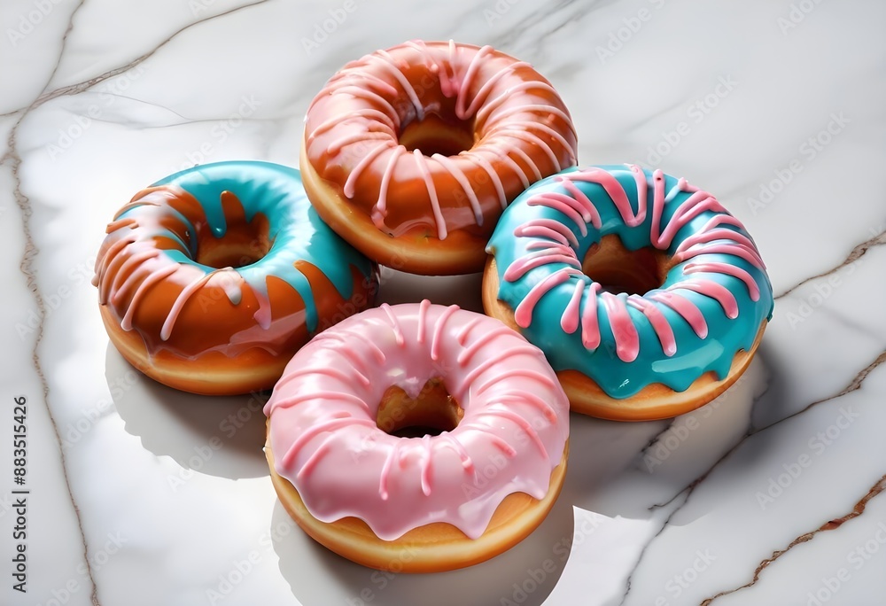 Colorful glazed donuts with a swirled pattern on a marble surface Colorful glazed donuts with a swirled pattern on a marble surface