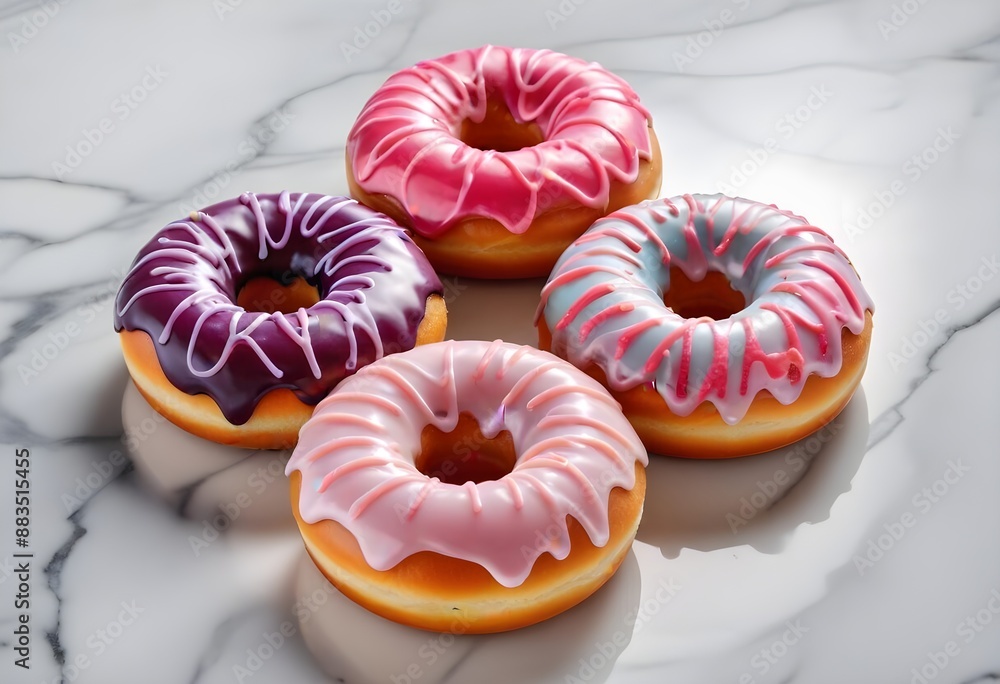 Colorful glazed donuts with a swirled pattern on a marble surface Colorful glazed donuts with a swirled pattern on a marble surface