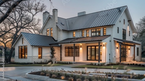 suburban farmhouse with a bold modern twist, featuring asymmetrical design elements and a striking metal roof