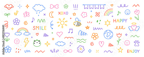 Cute kids elements, preschool kindergarten doodle icons set. Daycare, children drawings, flower, rainbow, cloud, sun, heart in sketch style. Hand drawn vector illustration isolated on white background