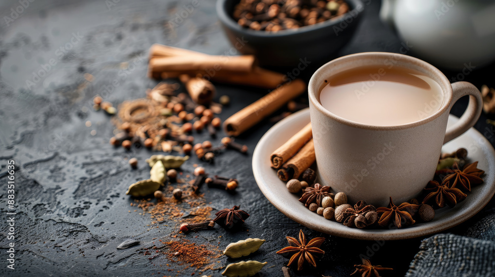 Cozy Cup of Chai Tea with Spices on Dark Rustic Background Cozy Cup of Chai Tea with Spices on Dark Rustic Background