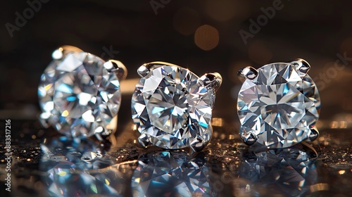 Two silver stud earrings with clear, round gemstones set in them. The background is blurry, with many small, out of focus lights.