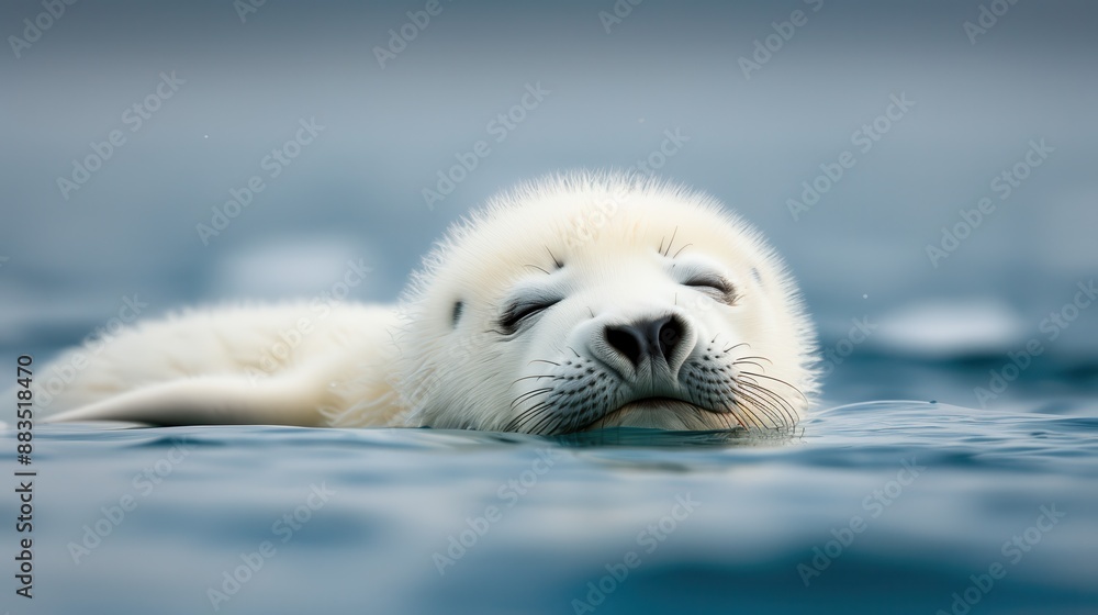A serene image of a baby seal peacefully floating in cold, calm water, set against a tranquil, blue-toned background, illustrating the peaceful coexistence of marine life. A serene image of a baby seal peacefully floating in cold, calm water, set against a tranquil, blue-toned background, illustrating the peaceful coexistence of marine life.
