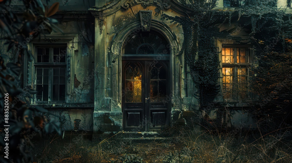 An old, abandoned manor with broken windows and an overgrown garden. The entrance is covered in cobwebs, and the door is slightly ajar, as if someone had been there recently. An old, abandoned manor with broken windows and an overgrown garden. The entrance is covered in cobwebs, and the door is slightly ajar, as if someone had been there recently.