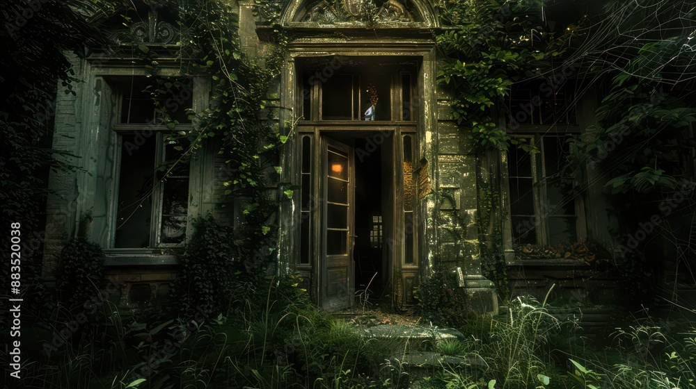 An old, abandoned manor with broken windows and an overgrown garden. The entrance is covered in cobwebs, and the door is slightly ajar, as if someone had been there recently. An old, abandoned manor with broken windows and an overgrown garden. The entrance is covered in cobwebs, and the door is slightly ajar, as if someone had been there recently.