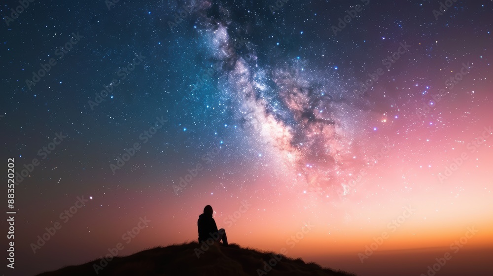 A serene image of an individual gazing at the Milky Way band under a colorful, gradient night sky, radiating peace and reflection with the vast cosmos. A serene image of an individual gazing at the Milky Way band under a colorful, gradient night sky, radiating peace and reflection with the vast cosmos.