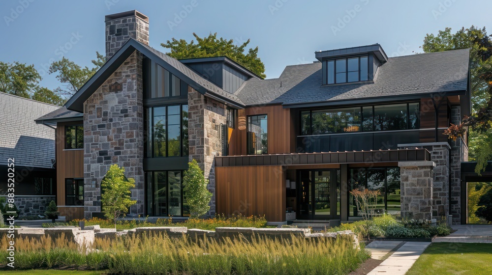suburban farmhouse with a unique blend of textures, featuring stone, wood, and metal elements, creating a visually interesting facade suburban farmhouse with a unique blend of textures, featuring stone, wood, and metal elements, creating a visually interesting facade