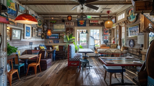 suburban farmhouse with a vintage American roadhouse theme, featuring rustic decor, road trip memorabilia, and a casual, welcoming environment that celebrates the spirit of travel