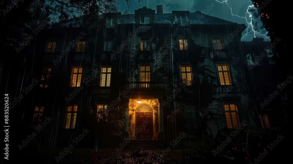 Obraz premium An old, abandoned manor with broken windows and an overgrown garden. The entrance is covered in cobwebs, and the door is slightly ajar, as if someone had been there recently. 