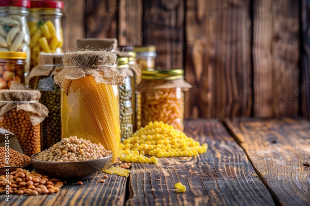 Dry Goods Food. Assistance with Canned Food, Beans, and Bottle on Wooden Table Background Dry Goods Food. Assistance with Canned Food, Beans, and Bottle on Wooden Table Background