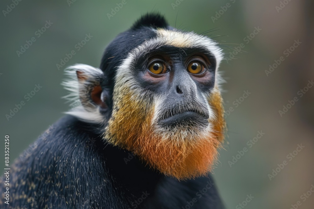 Fototapeta premium Guinea-Bissau. Rare and Funny Forest Creature: Campbell's Mona Monkey with Exotic Face in African Tropical Habitat