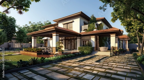 suburban farmhouse with a contemporary Indian bungalow theme, combining traditional Indian design elements with modern architecture and luxurious finishes