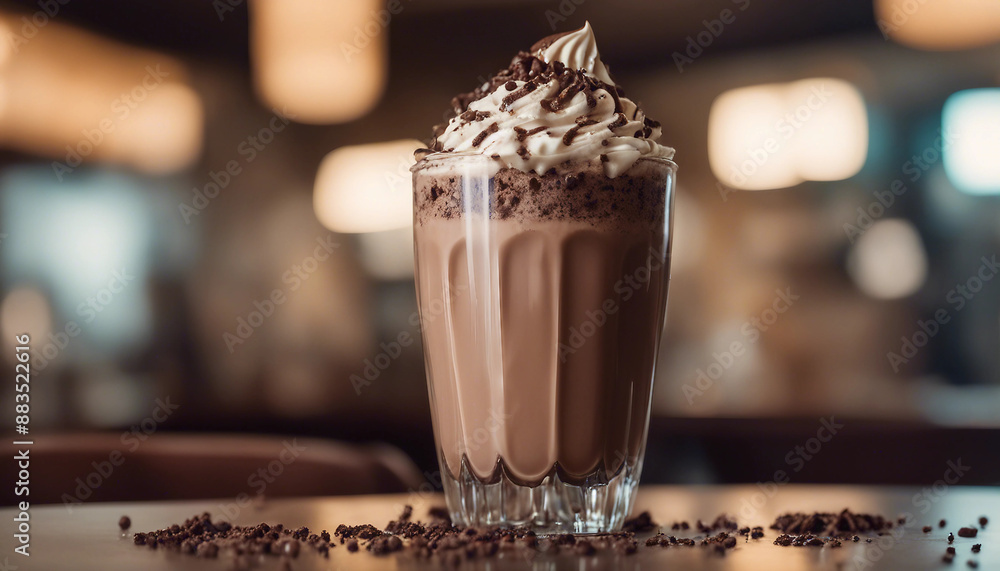 Chocolate milkshake in a tall glass with whipped cream and chocolate sprinkles in a stylish diner Chocolate milkshake in a tall glass with whipped cream and chocolate sprinkles in a stylish diner